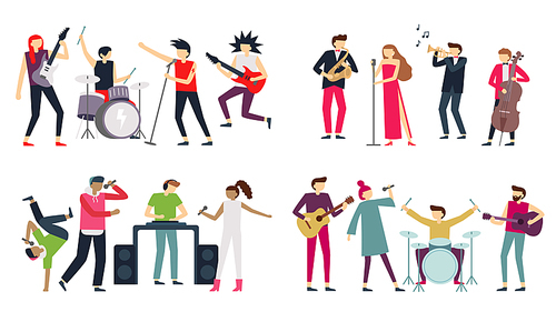 Music band. Jazz blues, punk rock and indie pop bands. Metal guitarist, drummer and rap singer isolated musicians, choir quartet concert. Singing or playing people flat vector icons set