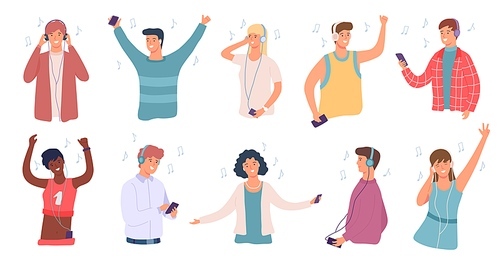 People listen music. Happy man and woman in headphone dancing. Student enjoying songs on phone. Teenage character listening audio vector set. Youth using audio player or smartphone