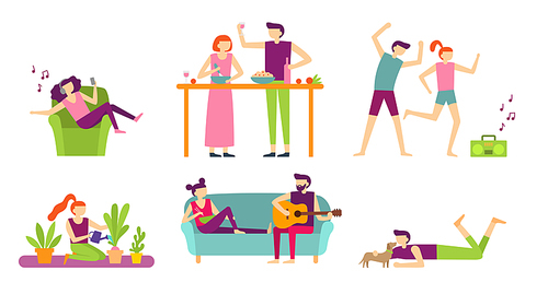 People recreation at home. Young couple spending holiday and relax, cooking and eating or listening to music. Indoor relaxation family playing guitar, chill with dog, Flat vector isolated icons set