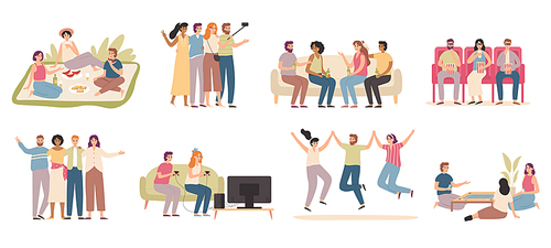 Happy friends. Friendly people spend time together, friend playing game and talking with friends. Millennials teen friendship celebrating hugging, Flat isolated vector icons illustration set