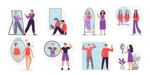People looking at mirror reflection. Self-assessment and personal appearance vector illustration. Concept of evaluation of attractiveness, body dysmorphic disorder, transsexuality, self-examination.