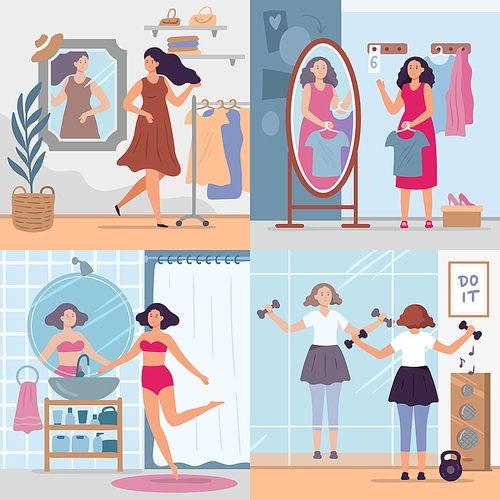 Girl looking in mirror. Women in stylish dressing room, bathroom and gym look in mirrors. Happy reflection in mirror vector illustration set. Woman looking to mirror, attractive and fashionable female