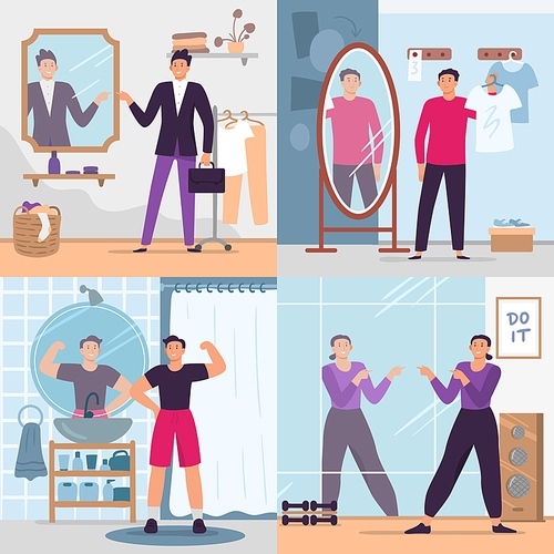 Man looking in mirror. Vector illustration set. Handsome man in gym or fitting room. Fashion glamour clothes