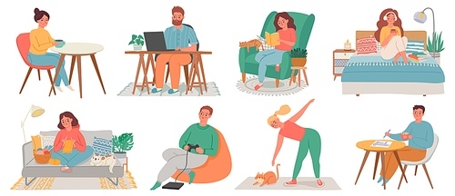 People at homes. Men and women relax, work, do exercise and hobby in room interiors. Quarantine characters, stay at home concept vector set. Woman and man indoor apartment relax illustration