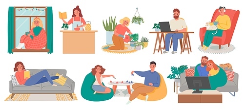 Relax at home. People meditate, cook, read, watch tv and do hobby in house. Quarantine lockdown life, activities or home weekend vector set. Illustration lockdown quarantine, relaxation at apartment