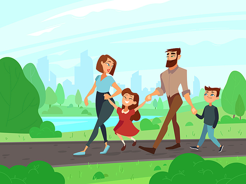 Happy cartoon father, mother, brother and sister at summer park on weekend. Young couple with kids walks outdoor together, family lifestyle vector illustration