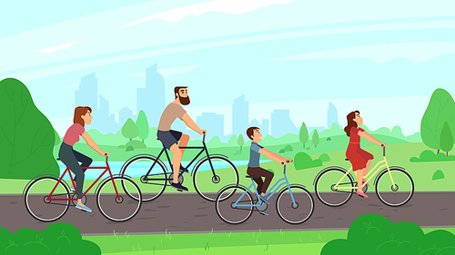 Happy young family riding on bikes at park. Parents and kids girl boy laughing city ride bicycles. Summer activities bike and healthy families outdoors leisure cartoon colorful vector illustration