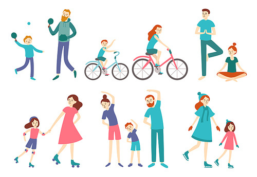 Sport family people. Couple with kids on fitness workout, cycling and play tennis. Sports lifestyle activities, outdoor jogging training healthy recreation flat vector isolated illustration icons set