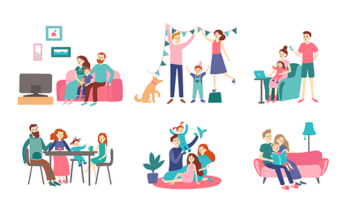 Family together at home. Young couple spend time with kids, read book and decorating house. Homeliness family eating healthy dinner together, generations meeting vector flat isolated icon illustration