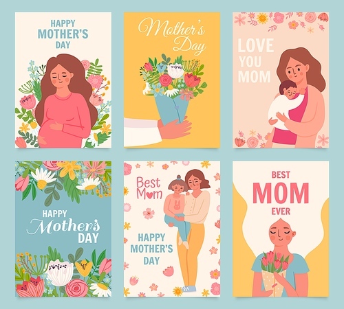 Happy mothers day card. Best mom ever, flower bouquet gift for mother, woman hug baby and daughter. Mothers and children poster vector set. Illustration mother greeting holiday card