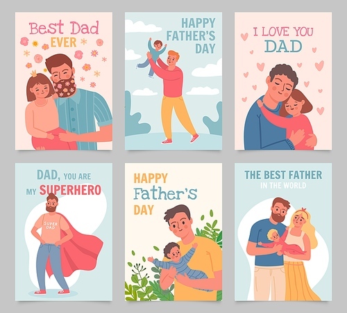 Happy father day. Gift cards with fathers and kids. Man hug daughter, play with son and baby. Superhero dad, best father poster vector set. Illustration day dad, happy father love with child