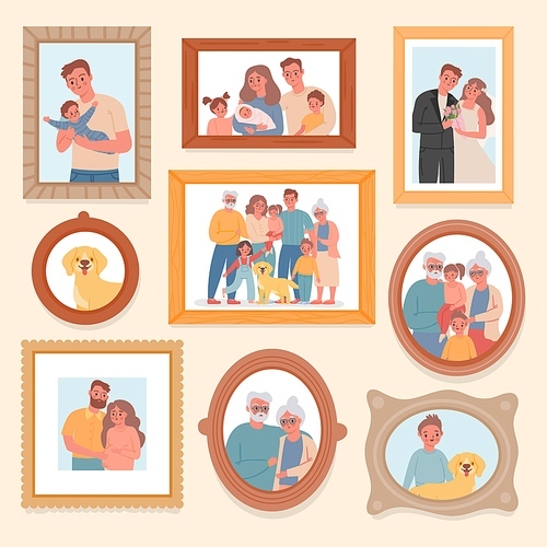 Family photos. Parents and kids portrait in frames. Memory pictures with wedding, grandparents, newborn baby. Big families vector photograph. Illustration family photo woman and man gallery