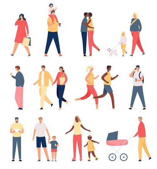 Walking adults and kids. Flat parents, children, happy family and couples. Father with stroller, mother and girl walks dog. Crowd vector set. Illustration happy family, parent with kids