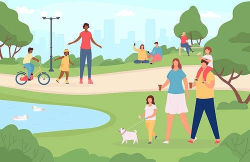 People in city park. Happy families walking dog, playing in nature landscape and riding bicycle. Cartoon outdoor activities vector concept. Illustration city park, family people rest outdoor