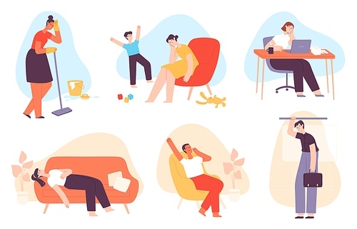 Tired people. Exhausted men and women with anxiety and stress. Depressed mother, bored office worker, sleepy and burnout person vector set. Character playing with kid, washing floor