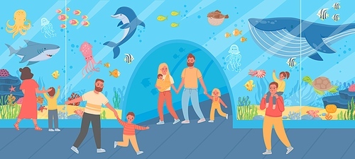 Family in oceanarium. Parents and kids look at big glass aquarium with ocean fish and sea animals. Underwater zoo excursion vector concept. Mother, father and children watching underwater life