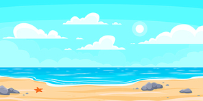Cartoon summer beach. Paradise nature vacation, ocean or sea seashore. Seaside landscape, tropical beach relax or seaside landscape. Vector background illustration