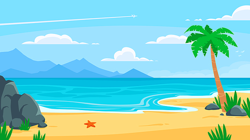 Summer beach background. Sandy seashore, sea coast with palm tree and vocation seaside travel. Heaven island, tropical ocean paradise view. Vector cartoon backdrop illustration