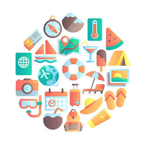 Summer vocation icon. Travel holiday, travels luggage and summer beach umbrella. Vocation relaxation, beach or mountains tourism stuff flat icons vector illustration
