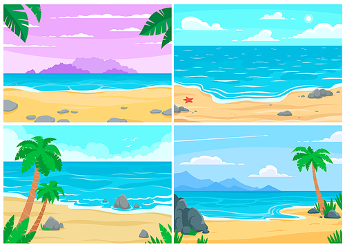 Summer beach. Ocean or sea shore, beaches landscape and daytime sand beach. Seaside beach or paradise tropical island banner. Cartoon vector background illustration set