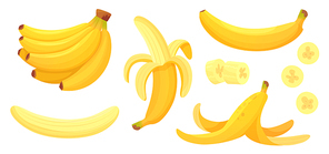 Cartoon bananas. Peel banana, yellow fruit and bunch of bananas. Tropical fruits, banana snack or vegetarian nutrition. Isolated vector illustration icons set