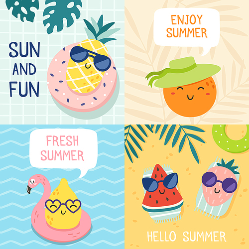 Hello summer poster. Funny fruits, pineapple in sunglasses and tropical fruit beach party banner. Fruit recreation placard or exotic summer party invitation card vector illustration set