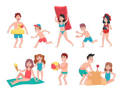Kids playing at beach. Summer holiday vacation childrens, swimming and sunbathing kid. Joyful people going swim, recreation character in swimsuit. Cartoon isolated vector illustration icons set