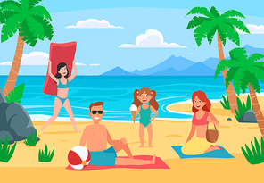 Family beach vacation. Young family with happy kids sunbathing on sand beach, summer seashore. Romantic beach holidays, family surfing kids and parents ocean vacation cartoon vector illustration