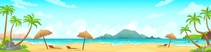 Daytime beach landscape. Sandy beaches with tropical palms. Sunny day, on beautiful sunset, sunrise and at night cartoon vector illustration. Landscape outdoor, travel scene daytime, vacation tropical