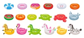 Cartoon swimming ring. Funny flamingo, shark, unicorn and duck floating rings. Summer swimming pool toys vector illustration set. Inflatable summer duck ring, swimming watermelon rubber