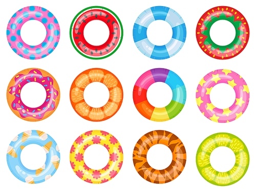 Rubber swimming ring. Pink lifesaver, summer swimming pool floating rings. Rainbow rescue ring top view cartoon vector illustration set. Ring rubber equipment, lifesaver for pool or sea