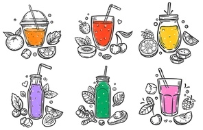 sketch smoothie. healthy superfood, glass of fruit and berries smoothies and slised natural fruits hand drawn vector illustration set. smoothie fruit healthy, fresh drink , organic juice