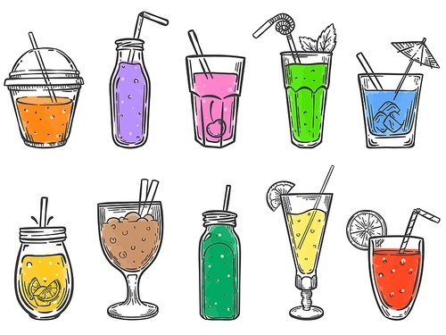 Sketch summer drinks. Glass of soft drink, cold fruit juice and colorful coctalis hand drawn vector illustration set. Drink cocktail glass, juice fruit healthy