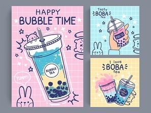 Bubble tea banner. Famous drink asian bubble tea, taiwanese green or fruit tea with balls in plastic cups, pearl milk tea flyer, promo vector poster. Tasty boba drink in take away mug