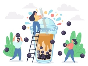 Bubble tea. Happy small people characters and pearl milk tea in big cups, delicious taiwanese milkshake asian drink with tapioca balls, vector concept. Woman mixing drink with straw