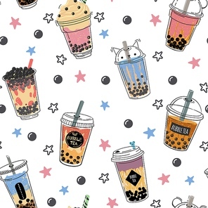 Bubble tea seamless pattern. Popular asian cold drink, pearl milk tea, trendy breakfast taiwanese boba tea with tapioca balls design vector texture. Plastic mug with straw for beverage