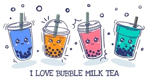 Bubble tea. Plastic cup with cute emotions smile characters and pearl milk tea, green, coffee and fruit tea with balls, asian drink cartoon vector set. Colorful beverage with adorable faces