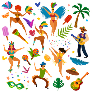 Brazilian carnival. Latino festival masquerade items, mask and feathers. Women dancers, music instruments, guitarist vector set. Latino carnival holiday, woman masquerade cartoon illustration
