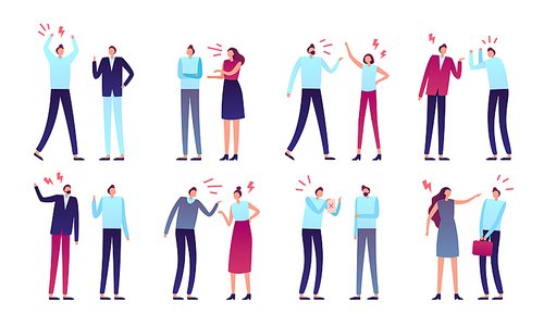 Angry people. Aggressive business peoples, worker person aggression or yelling man and women couple arguing emotions. Anxious rage or confused human character isolated vector icons set
