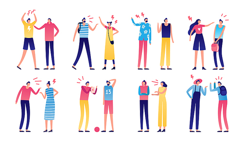 Quarreled couple. Couples of angry people, relationship disagreement problem and family quarrels. Conflict quarrel, person yelling aggression and fight. Arguing flat isolated vector icons set