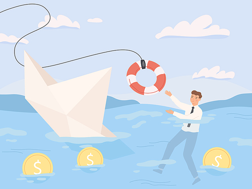 Bankruptcy business. Financial rescue, sinking business in crisis and economic risks. Economy recession loan payback problems vector illustration. Crisis and bankruptcy, financial help and rescue