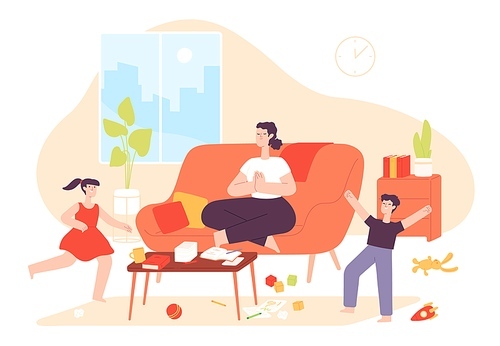 Calm mother. Mom do meditation yoga exercise and noisy naughty children jump. Chaos in home and parenting patience, cartoon vector concept. Illustration mother meditation, calm sport relaxation