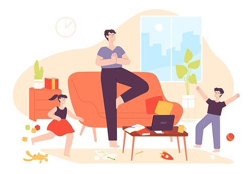 Calm father. Dad meditate in relax yoga pose and naughty kids in messy room. Hyperactive children and patience parent at home vector concept. Illustration father character at home, asana meditating
