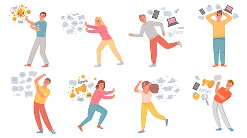 Information stress. Anxiety people running from data overload, propaganda, internet social media, fake news and pandemic panic, vector set. Illustration anxiety information, problem and stress