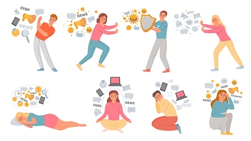 Information overload. Man and woman overwhelmed by data. People hide from news and social network stress. Digital hygiene concept vector set. Illustration people with problem, dangerous fake news
