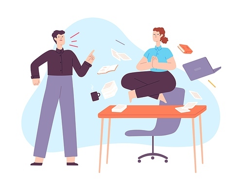 Yoga in office stress. Calm woman meditate in lotus on work desk with angry yelling boss. Employee in zen at workplace chaos vector concept. Illustration employee meditation and relaxation