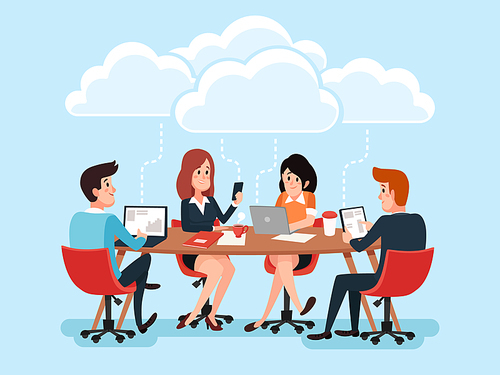 Business team using laptops online at desk, business people sharing office documents, chat virtual conference on cloud technology cartoon vector concept