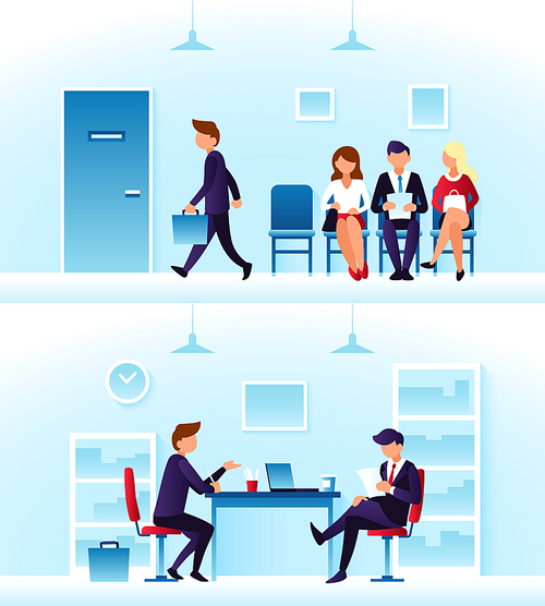 Businessmen, diverse employees waiting interview in row. Contender employee and interviewer sitting at desk on chairs. Recruitment and people management vector concept