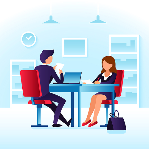 Employee contender woman and impressed professional employer interviewer man. Job laptop search interview, people business vacancy meet at table cartoon vector concept