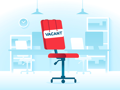 Vacant position teamwork job in creative office. Business hr recruit vacancy hiring and work positioning. Cartoon workplace office red chair with background. Vacancies vector flat concept